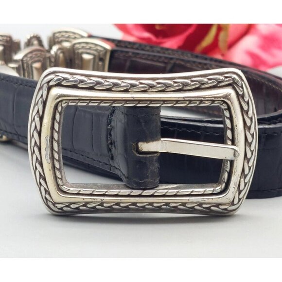 Black & Two Tone Silver & Gold Faux Croc Leather Western Belt Size M Cowgirl - Picture 2 of 7